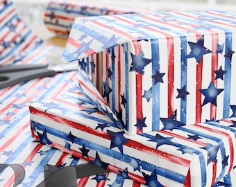 4th of July Wrapping Paper Patriotic Gift Wrap, Red White and Blue Stars and Stripes, Independence Day Gift Packaging, USA Flag Theme Party