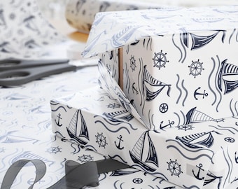 Sailboat Wrapping Paper Roll, Nautical Gift Wrap for Him, Ocean Birthday Decor, Coastal Party Packaging, Navy Blue Boat Theme Present Paper