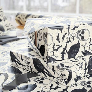 Vintage Gothic Wrapping Paper: Halloween Raven, Skull, Bat Design