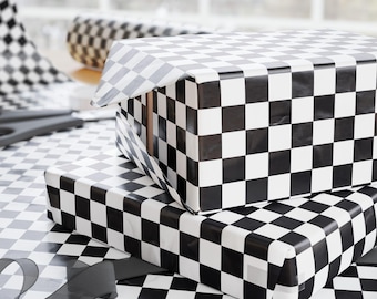 Black And White Checkered Wrapping Paper, Retro Gift Wrap, Birthday Gift For Him, Aesthetic Packaging, Punk Style Wrapping