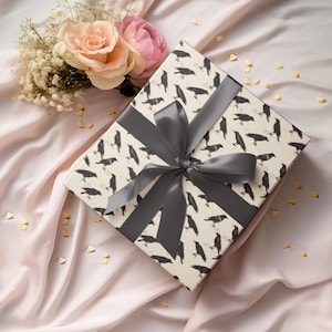 Raven Pattern Wrapping Paper for Halloween Gifts, Vintage Black Bird Illustration on Cream Background, Spooky Gothic Gift Wrap Sheets