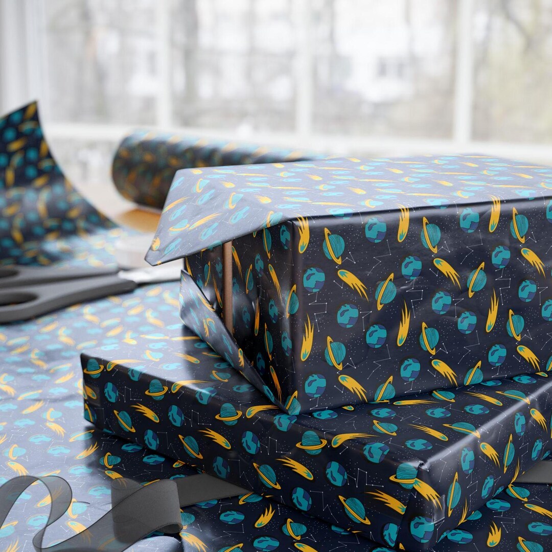 Outer Space Wrapping Paper, Dark Blue Galaxy Gift Wrap, Planets ...