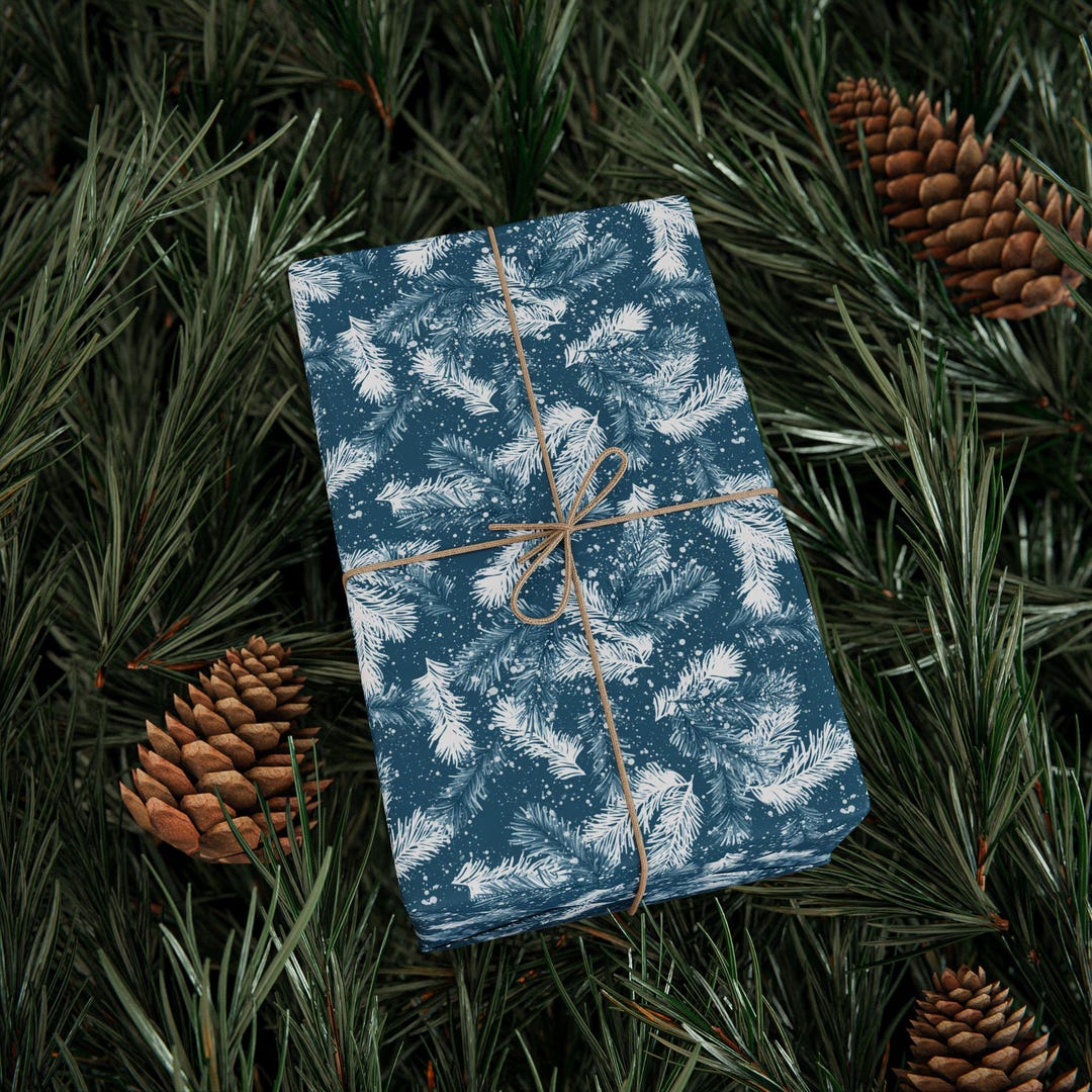 Blue Pine Branch Wrapping Paper Roll, Elegant Winter Holiday Gift Wrap ...