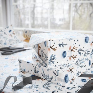 Winter Reindeer Wrapping Paper, Nordic Christmas Gift Wrap  Cute Snowy Holiday, Scandinavian Theme, Blue and White Festive Packaging
