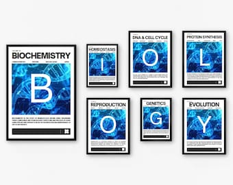 May include: A set of 8 framed prints with a blue and white color scheme. Each print features a different branch of biology, including biochemistry, homeostasis, DNA & cell cycle, protein synthesis, reproduction, genetics, and evolution. The prints are all framed in black and have a modern, minimalist design.