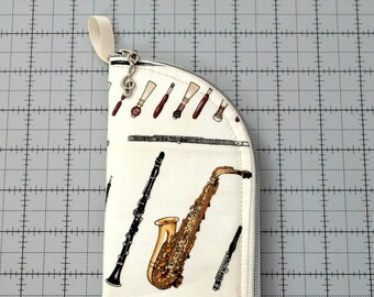 Music Themed Soft Eyeglass Case w/ Side Zipper - Woodwinds -for eyeglasses, pencils, small items, musician gift