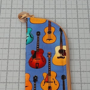 Music Themed Soft Eyeglass Case w/ Side Zipper - Guitars on blue -for eyeglasses, pencils, small items, musician gift