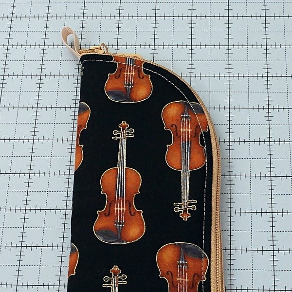 Music Themed Soft Eyeglass Case w/ Side Zipper -Violins on Black -for eyeglasses, pencils, small items, musician gift