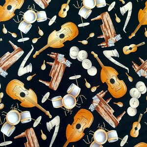 Music - musical instruments, piano, sax, bass, drums on black cotton quilt fabric