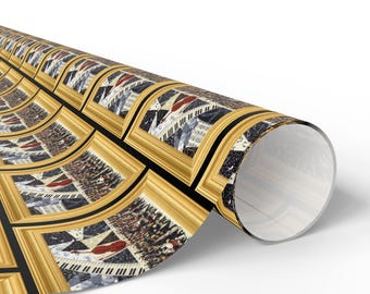 Puede incluir: Rollo de papel de regalo decorativo con un patrón repetido de escenas musicales enmarcadas. Cada marco tiene un borde dorado y contiene imágenes de pianos, partituras e instrumentos musicales.