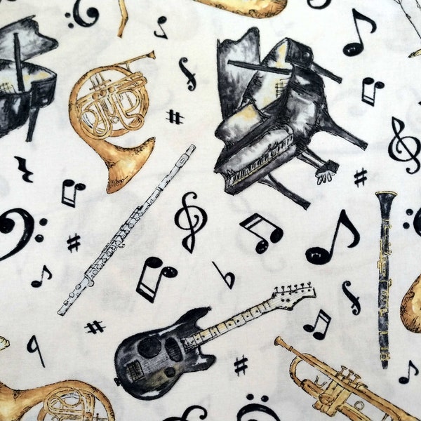 Music/Play Your Song instruments piano guitar flute drums clarinet sax horns black/gold on white quilt fabric by the half yard