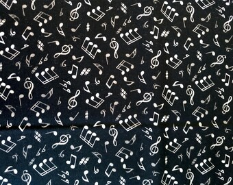 Music fabric - white notes and treble clefs on black cotton quilt fabric