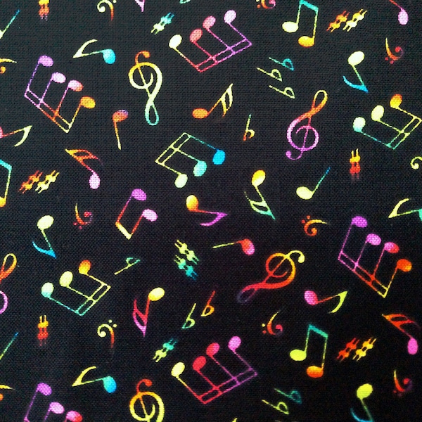 Music/colorful notes/treble clef/black quilt fabric  by the half yard