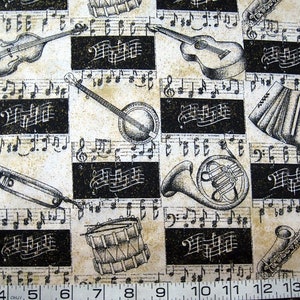 Music - notes/instruments glitter quilt fabric by the half yard
