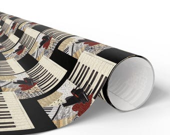 Puede incluir: Papel de regalo enrollado con un patrón repetido de teclas de piano, notas musicales y formas abstractas en negro, blanco y beige. El diseño incluye un borde negro y un acento rojo, creando un tema musical.