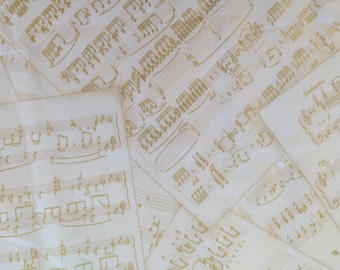 Puede incluir: Tela blanquecina con un patrón repetido de notas musicales en un tono marrón claro. Las partituras se superponen, creando un efecto de capas. La palabra "Andante" es visible en una partitura.