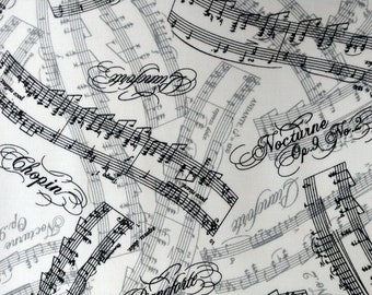 Music notes/Chopin/Nocturne on white quilt fabric by the half yard