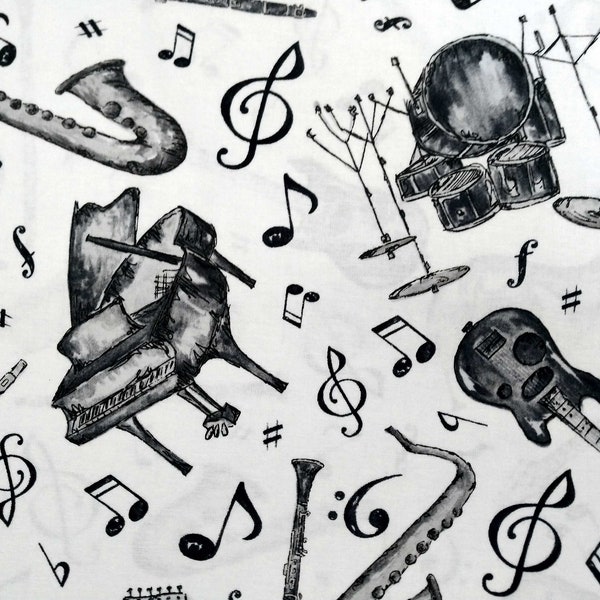 Music/Play Your Song instruments piano guitar flute drums clarinet sax horns black on white quilt fabric by the half yard