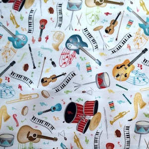 May include: A white fabric featuring a repeating pattern of colorful musical instruments including acoustic and electric guitars, violins, saxophones, trumpets, drums, and piano keys. The design includes various musical notes and symbols scattered throughout.