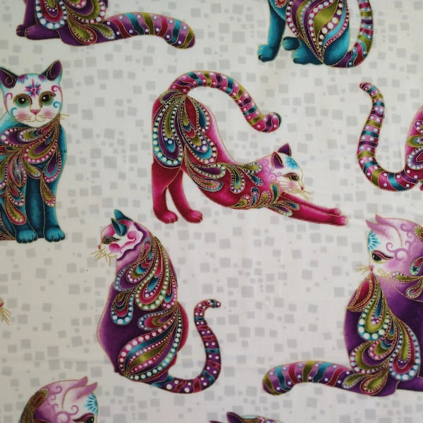 Cats - colorful Cats/Artist-O-Cats on white cotton quilt fabric by the half yard