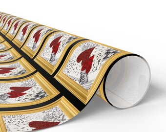 Puede incluir: Un rollo de papel de regalo con un patrón repetido de obras de arte enmarcadas. Cada marco tiene un borde dorado y un fondo negro. La obra de arte dentro de los marcos presenta una forma roja sobre un fondo blanco con notas musicales.