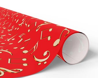 Gold Music Notes on Red Wrapping Paper | Musical Gift Wrap Roll