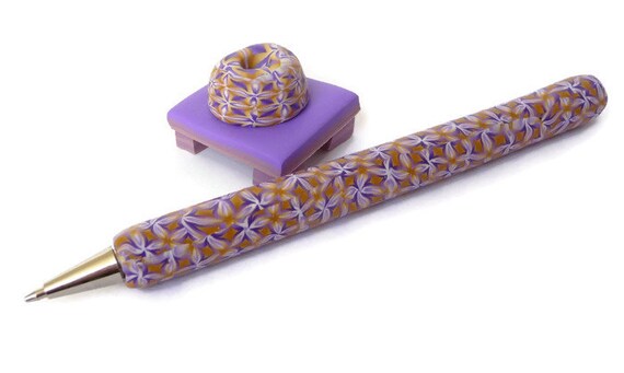 Pen Set Purple Beige Kaleidoscope Polymer Clay Desk Accessory Etsy