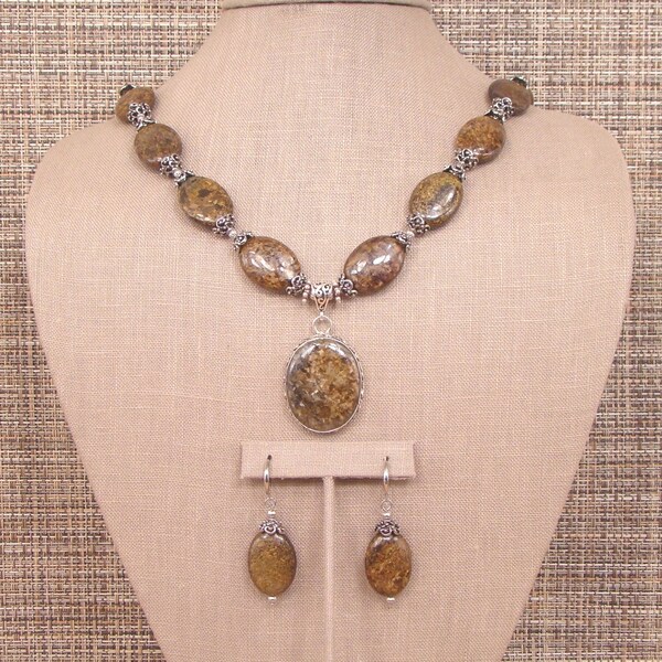 Mariah - Bold Natural Bronzite and Ornate Bali Sterling Silver Necklace with Large Bronzite Pendant and Earrings.