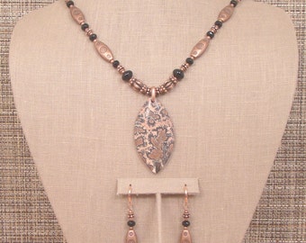 Wild Thing - Copper Chohua Jasper, Faceted Black Crystal, Onyx and Copper Necklace with Large Pendant and Earrings.