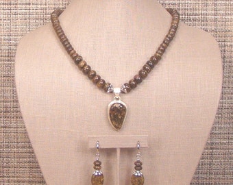 Cappuccino -  Earthy Brown Bronzite Rondelle Necklace with Sterling Silver Pendant and Earrings.