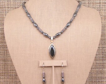 Celeste - Gorgeous Dark Silver Hematite and Bali Sterling Silver Necklace with Large Hematite and Sterling Pendant with Earrings.