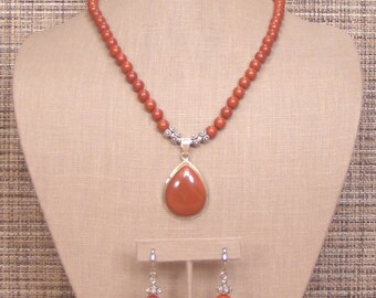 Hacienda - Rust Jasper, Sterling Silver and Bali Silver Necklace with Earrings.