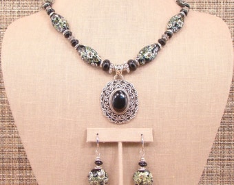 Tapestry - Vintage Style Lampwork and Ornate Antiqued Bali Sterling Silver Necklace with Large Ornate Black Onyx Pendant and Earrings.