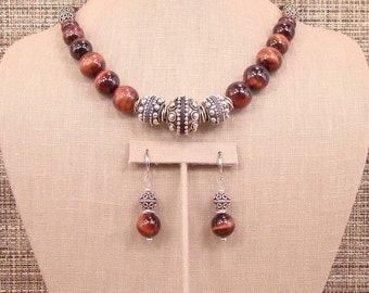 Sambra - OOAK Natural Red Tiger's Eye and Bali Sterling Silver Necklace with Earrings.