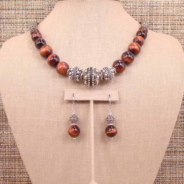 Sambra - OOAK Natural Red Tiger's Eye and Bali Sterling Silver Necklace with Earrings.