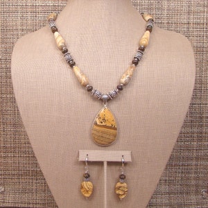 Shawnee - Native Picture Jasper, Bronzite and Bali Sterling Silver Necklace with Unique Pendant and Earrings.