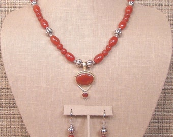 Red Sky - Warm Red/Rust Carnelian and Bali Silver Necklace with Unique Pendant and Earrings.