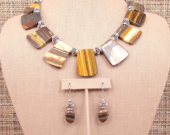 Tiki Hut - OOAK Bold Brown Multi Colored Natural Zebra Jasper and Bali Silver Necklace with Earrings.