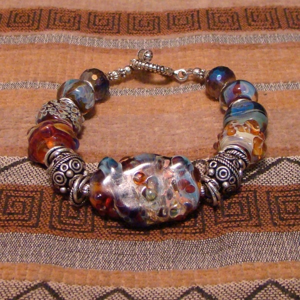 Jazzed - OOAK Chunky Bold Multi Textured Boro Lampwork and Sterling Silver Bracelet. RE-15