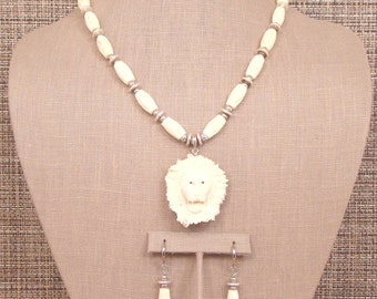 Lion King - OOAK Carved Bone/Horn and Bali Silver Necklace with Large Carved Lion Head Pendant and Earrings.