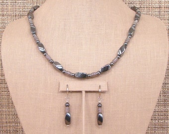 Flash - Dark Silver Hematite Twist (non-magnetic) and Antiqued Bali Sterling Silver Necklace and Earrings.