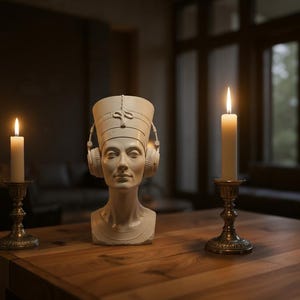 Può includere: Un busto di donna con cuffie, posto su un tavolo di legno, affiancato da due candele accese in portacandele ornati. Il busto è bianco e le candele sono color avorio. La scena è ambientata in una stanza poco illuminata con una finestra sullo sfondo.