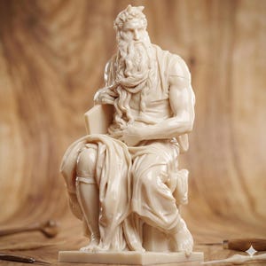 Puede incluir: Escultura de color marfil de una figura masculina sentada con barba larga y pelo rizado, sosteniendo una tableta. La estatua está detallada con pliegues en la ropa y está sobre una base rectangular. El fondo es una superficie de madera borrosa.