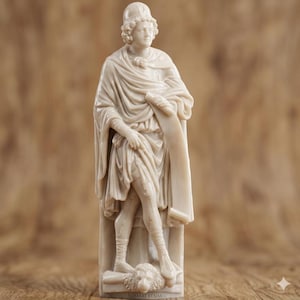 May include: A cream-colored statue of a man in classical attire, holding a scroll. The figure wears a helmet and draped clothing, standing on a base with a lion's head. The statue has intricate details and is set against a blurred brown background.