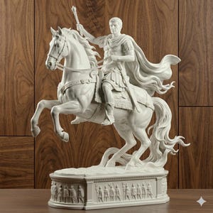 May include: A white equestrian statue of a Roman emperor, holding a scepter, atop a rearing horse. The statue is detailed with classical armor and a flowing cape. The base features a relief of soldiers.