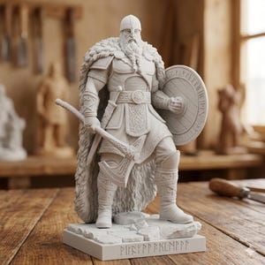 Könnte beinhalten: Eine detaillierte, cremefarbene Statue eines Wikingerkriegers, der eine Axt und einen Schild hält. Die Figur trägt eine Rüstung und einen pelzgefütterten Umhang. Der Sockel zeigt Runeninschriften. Verschwommener Werkstatt-Hintergrund.