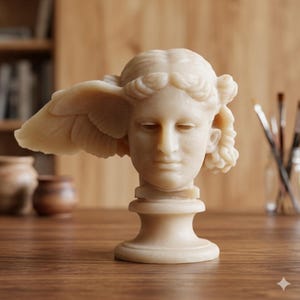 Peut inclure: Buste de couleur crème représentant une figure classique avec des traits détaillés et une coiffe ailée. La sculpture est montée sur un socle et se détache sur un fond en bois flou. Le buste est probablement en pierre ou dans un matériau similaire.