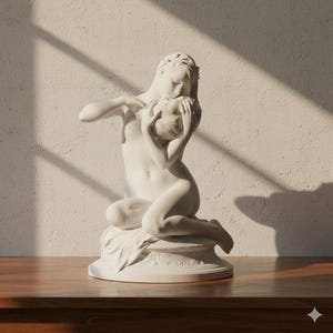 May include: A white sculpture of a seated figure embracing another figure. The sculpture is on a pedestal with detailed carvings. The figures are nude, with a serene expression. The sculpture is lit by natural light.