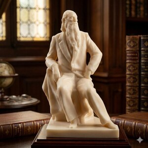 May include: Ivory-colored statue of a seated man with a long beard, wearing a suit. The sculpture is on a rectangular base, with a backdrop of a wooden bookshelf and antique books. The statue is a detailed representation of a historical figure.