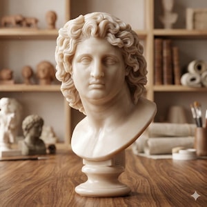 May include: A cream marble bust of a classical figure with curly hair. The sculpture is mounted on a pedestal and set on a wooden surface. Other sculptures and art supplies are visible in the background.